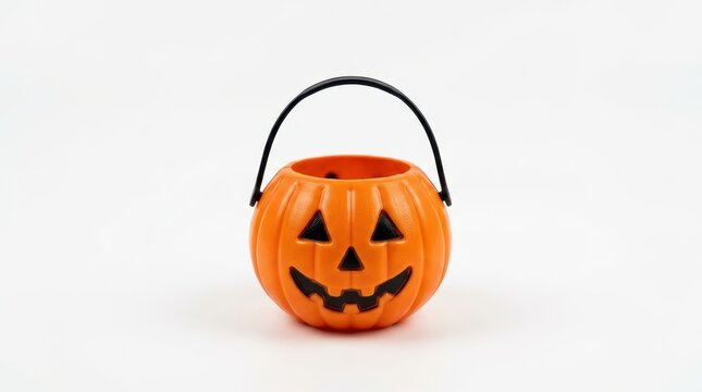 Orange Halloween pumpkin bucket with handle, plastic jack-o-lantern candy pail, festive trick or treat container on white background
