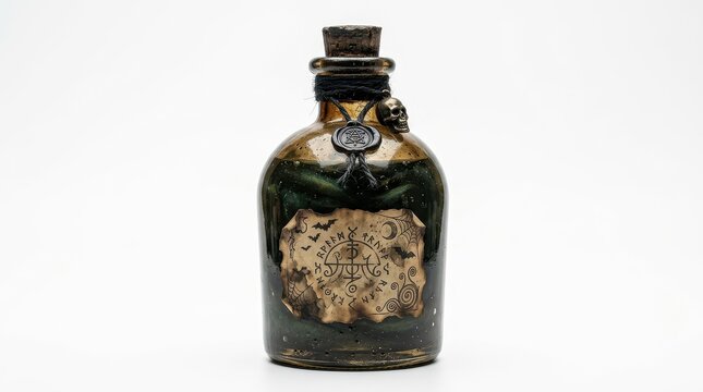 Vintage apothecary potion bottle with skull wax seal, dark magic elixir jar, mystical alchemy glass container on white background