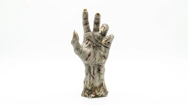 Zombie hand reaching up, decaying undead monster limb, creepy halloween horror prop on white background