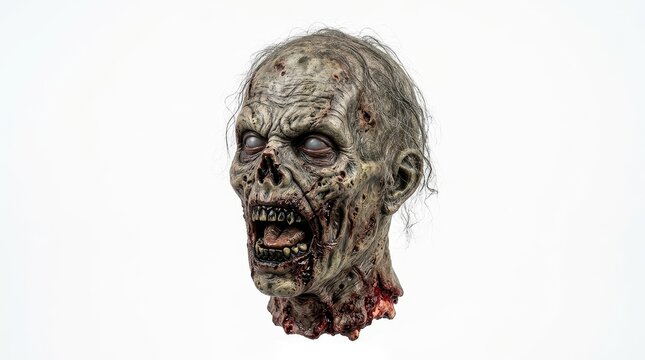 Zombie head prop with decaying skin and white eyes. Severed undead monster head for horror movie production. Macabre halloween decoration.
