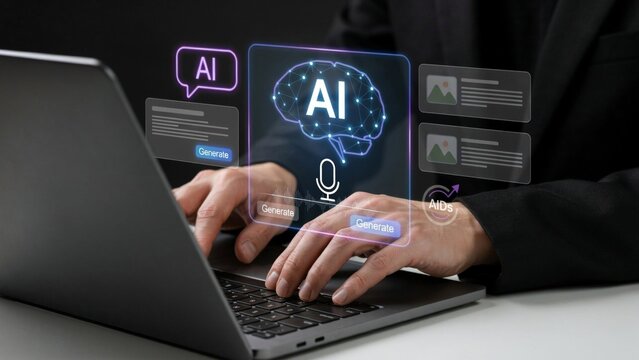Person typing on laptop with futuristic ai technology graphics and hologram interfaces