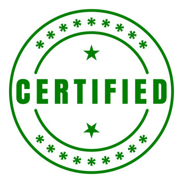 Green circular CERTIFIED seal badge with bold text, stars, asterisks and curved arcs isolated on transparent background
