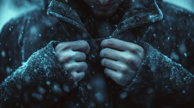 Man zipping up his winter jacket tightly while standing outdoors in the freezing cold amidst falling snow.