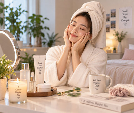 Young Asian woman enjoying a relaxing skincare and self care routine at home