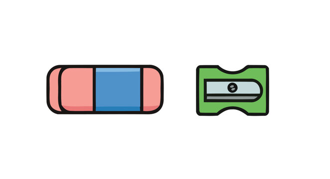Minimalist vector illustration featuring a school eraser and a pencil sharpener icon set for educational and office stationery design projects