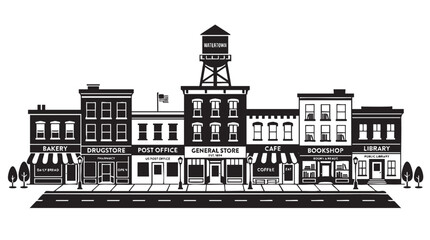 Small town main street storefronts silhouette illustration with a water tower in a flat vector graphic style