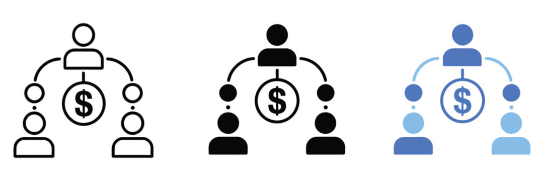 Affiliate marketing network and referral commission icon set, dollar symbol and connected people representing online partnerships, business growth, sales, and earnings.