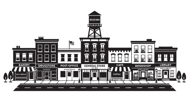 Small town main street storefronts silhouette illustration with a water tower in a flat vector graphic style