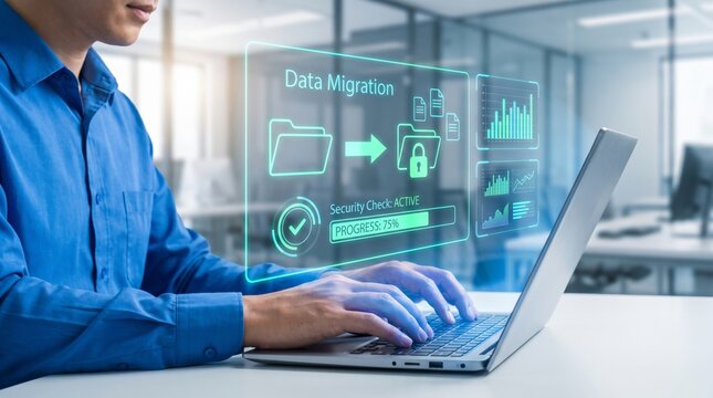 Professional working on laptop with digital data migration interface, secure cloud transfer, and analytics dashboard in modern office