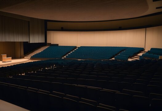 An empty lecture hall with tiered seating fading into shadow, dramatic single spotlight on the podium