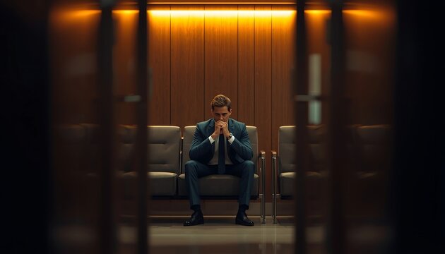A pensive businessman in a suit sits alone with clasped hands in a dimly lit waiting area, appearing anxious or deep in thought.