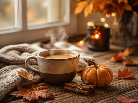 Cozy Halloween autumn coffee scene.
