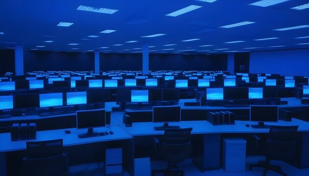 An empty computer lab with rows of glowing monitors, cool blue ambient light