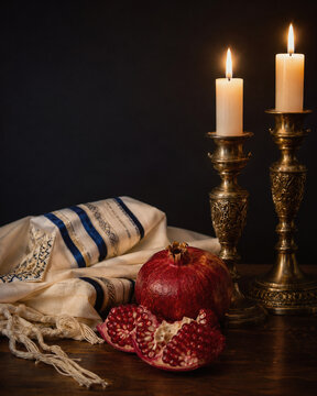 Jewish Holiday Symbols: Tallit, Pomegranates, and Lit Candles
