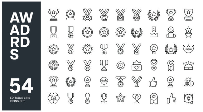 Awards and trophies line icons set celebrating success recognition victory and outstanding achievements.