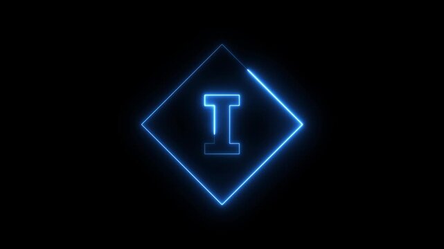 Neon letter i animation with glowing blue diamond frame on black background, alphabet typography concept 4k video.