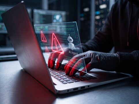 Hacker in a hoodie wearing black gloves typing on a laptop with a glowing holographic ai agent interface showing red security alerts