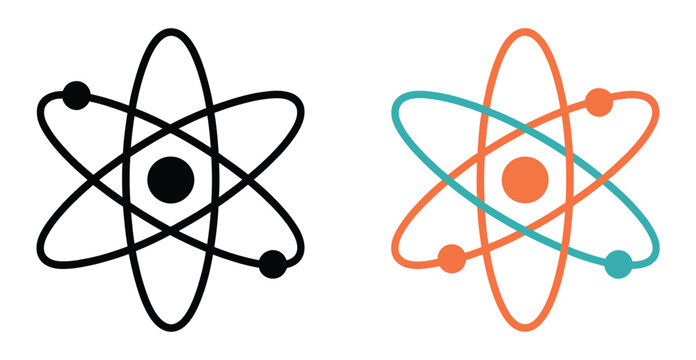 Atom icon vector, colorful molecular particles and quantum physics symbols representing chemistry, science, physics, research, education, and scientific discovery.