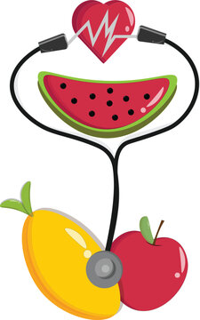 Healthy eating and heart healthcare concept vector illustration with stethoscope and fresh fruits like watermelon, apple, and mango