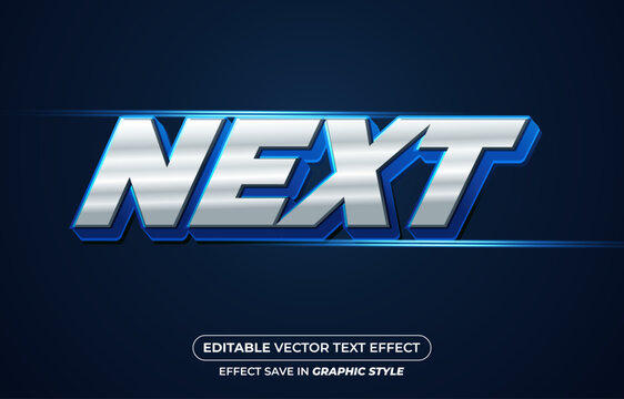 Editable chrome metallic silver NEXT 3D text effect with blue bevels and glowing horizontal speed flares on a dark blue background.