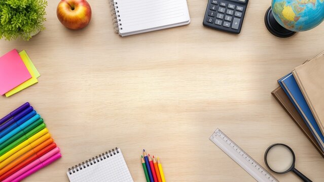 Flat Lay of School Supplies on Wooden Desk with Central Copy Space