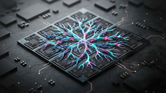 Circuit Board with Glowing Neural Network Design, Futuristic Technology Concept Featuring Microchip, Digital