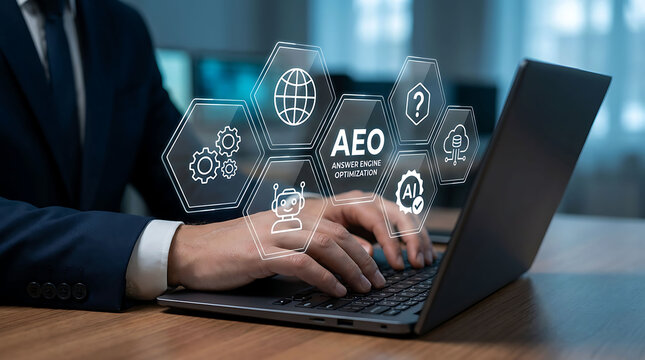 Professional man typing on laptop with digital AEO optimization graphics overlay
