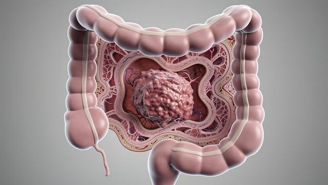 Cross section 3D render of colon cancer, tumor inside large intestine lumen, human digestive anatomy