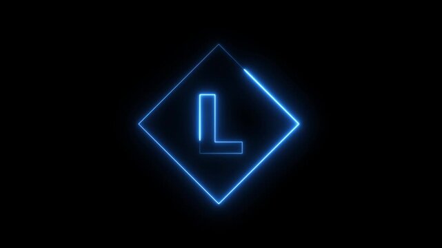Neon letter L animation with glowing blue diamond frame on black background, alphabet typography concept 4k video.