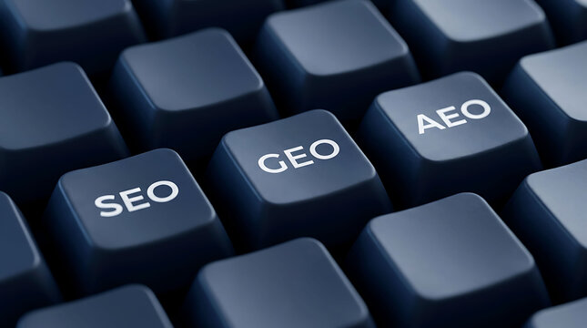Close-up of a modern keyboard with keys labeled SEO, GEO, and AEO optimization