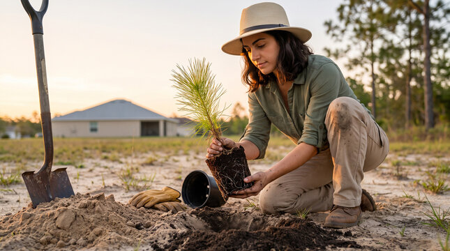 Woman in hat kneeling to plant a pine seedling from a pot in sandy open field at golden sunset