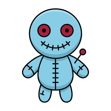 Voodoo doll with red eyes and pin on side smiling cartoon character