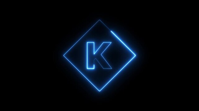 Neon letter k animation with glowing blue diamond frame on black background, alphabet typography concept 4k video.