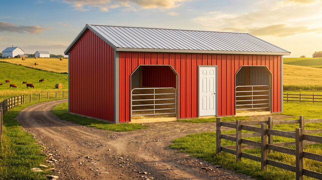 Large red metal pole barn on open farmland with cattle grazing and golden hour sky in background