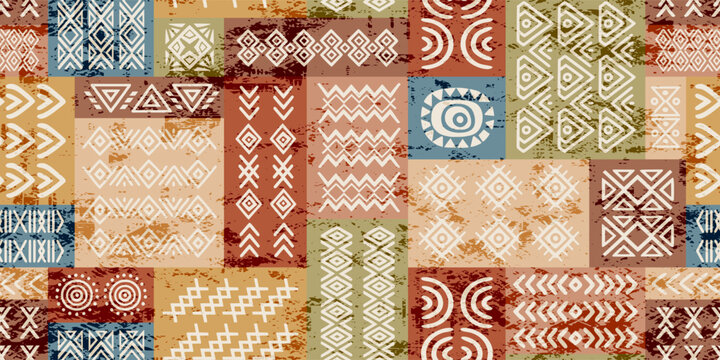 Seamless ethnic pattern, geometric hand-made ornament, patchwork carpet or mosaic, vector print