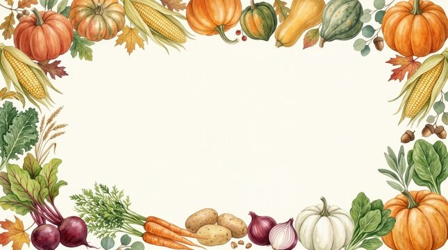 Thanksgiving harvest border frame with pumpkins, corn, carrots, onions, potatoes, and leafy greens on a light beige background, for autumn meal