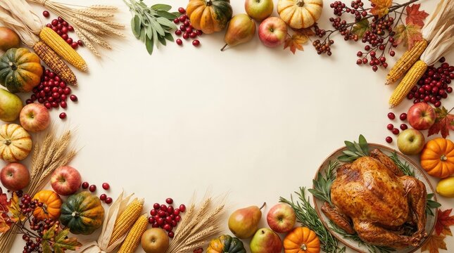 Thanksgiving dinner border frame with roasted turkey, pumpkins, autumn leaves, corn, and berries on a light beige background, for celebration