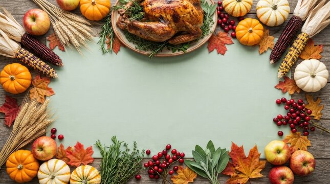 Thanksgiving holiday border frame with roasted turkey, pumpkins, autumn leaves, corn, and berries on a light green background, for celebration