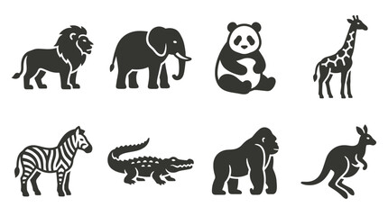 Fototapeta premium Minimalist black animal silhouettes icon set featuring wild zoo fauna like lion elephant panda giraffe zebra crocodile gorilla and kangaroo
