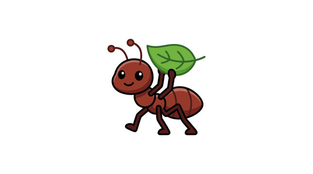 Adorable cartoon ant carrying a green leaf on its back, illustration of a hard-working insect with a friendly demeanor