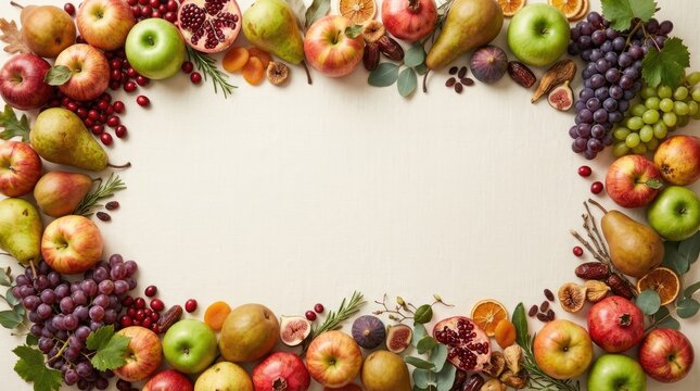 A bountiful border of fresh autumn harvest fruits including apples, pears, grapes, pomegranates, figs, and citrus slices on a light beige background