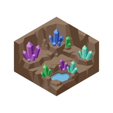 Isometric Vector Illustration of a Magic Cave with Glowing Crystals and Water Pool