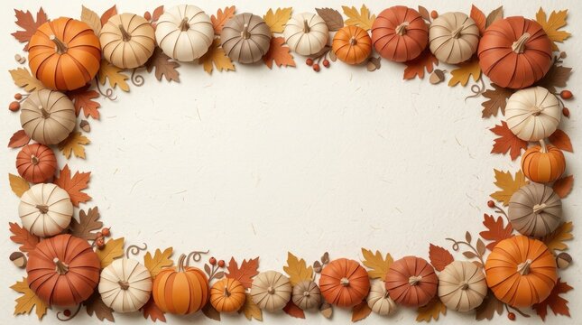 Rectangular frame of assorted miniature pumpkins and colorful autumn leaves on a textured light beige background, for thanksgiving holiday