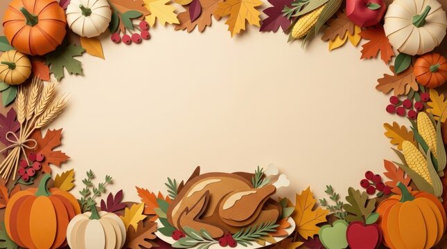 A festive paper craft frame featuring pumpkins, corn, leaves, and a roasted turkey on a light beige background, for thanksgiving celebration