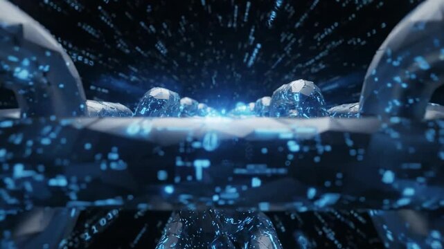 Glowing blue digital blockchain links in futuristic binary tunnel