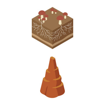 Isometric Mushroom Forest Soil Block and Mountain Peak Vector Illustration