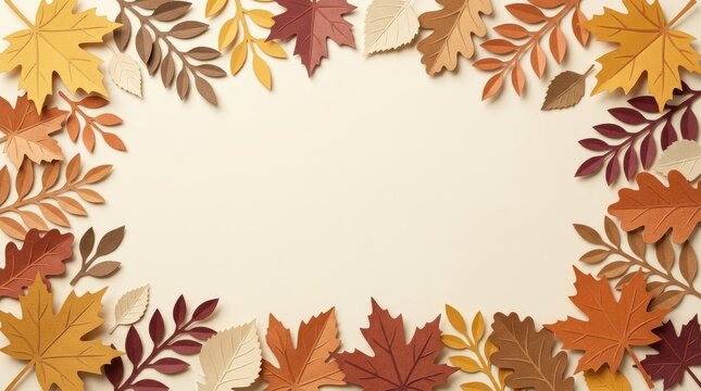 A frame of colorful paper craft autumn leaves in various shapes and sizes arranged on a light beige background, for fall season