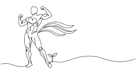 Fototapeta premium Heroic Figure with Heart and Growing Plant, Strong Body, Abstract Line Art