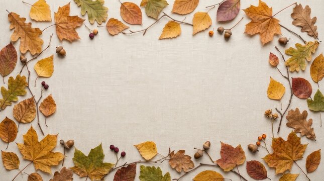 A frame of assorted autumn leaves and small acorns arranged on a light beige textured linen fabric background, for fall season