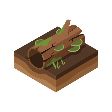 Isometric Vector Illustration of a Fallen Tree Log with Green Moss